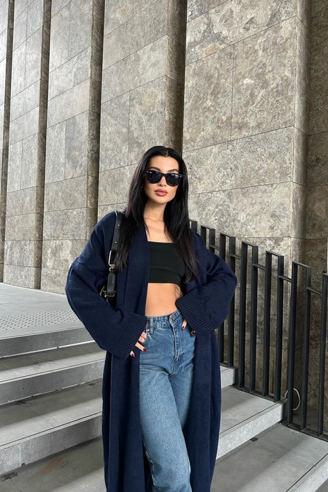 Önü Açık Şal Yaka Hırka Lacivert