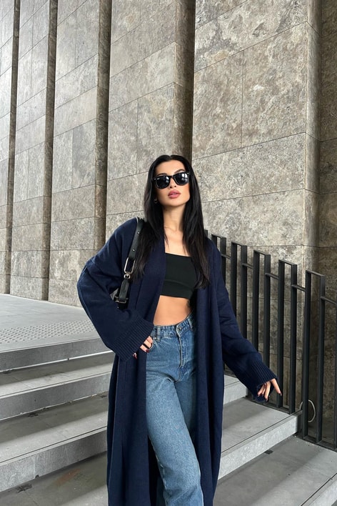 Önü Açık Şal Yaka Hırka Lacivert