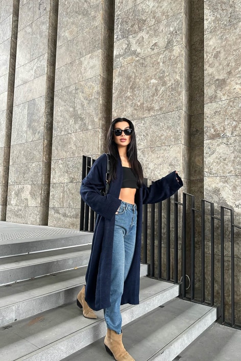 Önü Açık Şal Yaka Hırka Lacivert