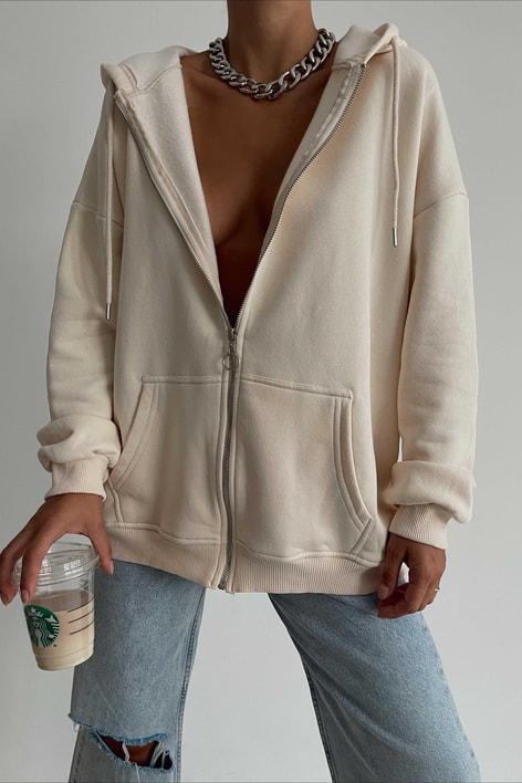 Oversize Kapüşonlu Hırka Bej