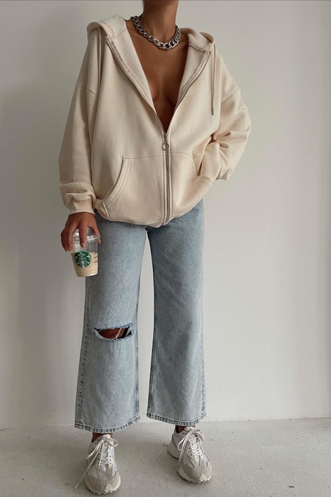 Oversize Kapüşonlu Hırka Bej