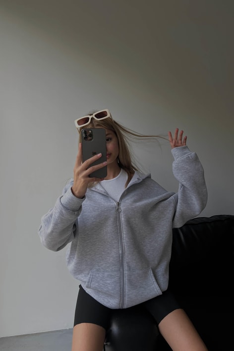 Oversize Kapüşonlu Hırka Gri