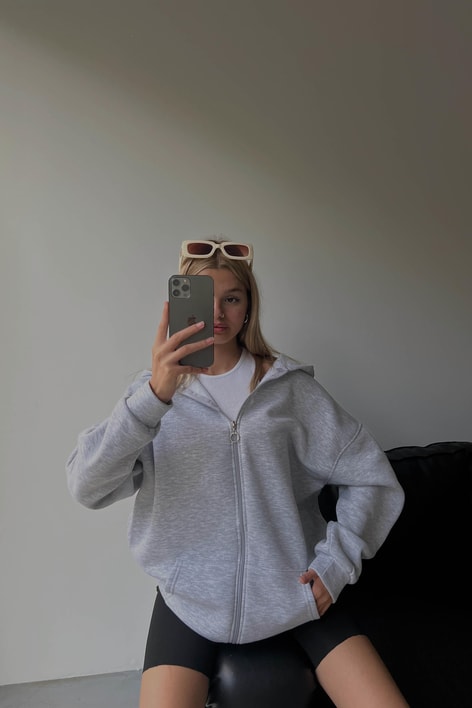 Oversize Kapüşonlu Hırka Gri