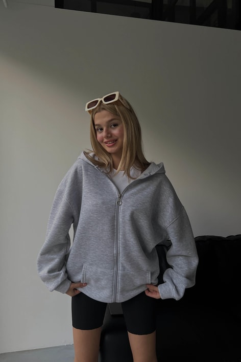 Oversize Kapüşonlu Hırka Gri