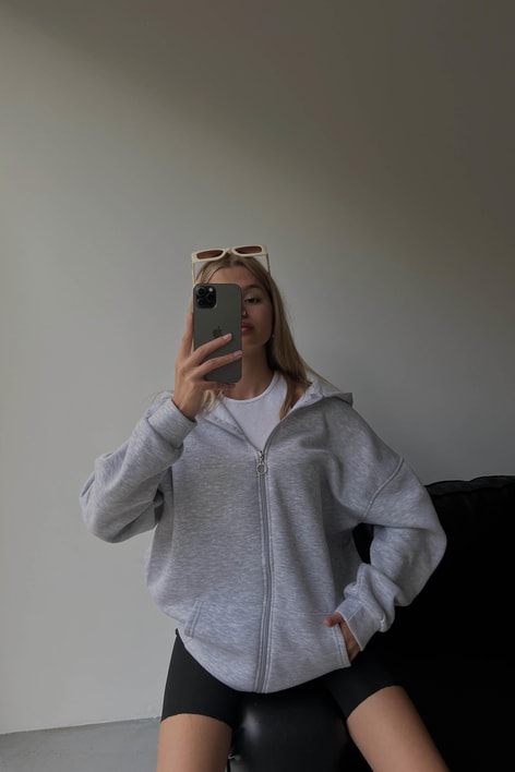 Oversize Kapüşonlu Hırka Gri