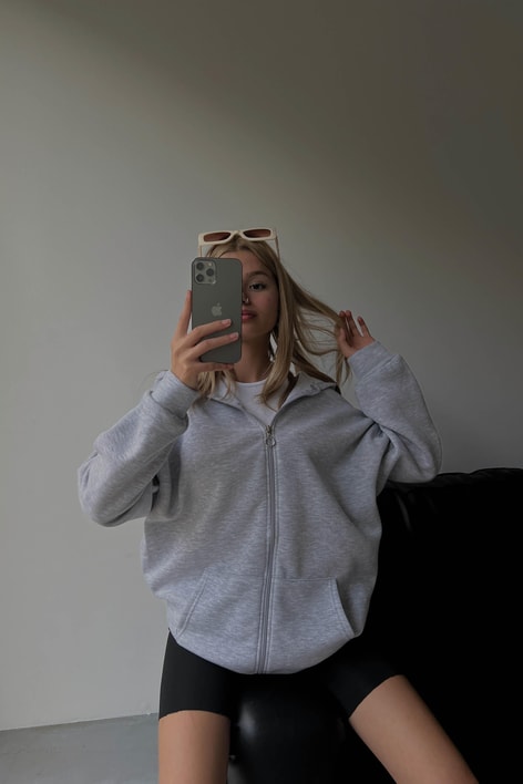 Oversize Kapüşonlu Hırka Gri