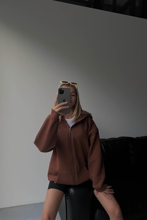 Oversize Kapüşonlu Hırka Kahve