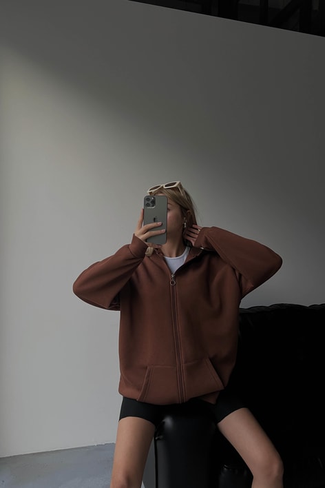 Oversize Kapüşonlu Hırka Kahve