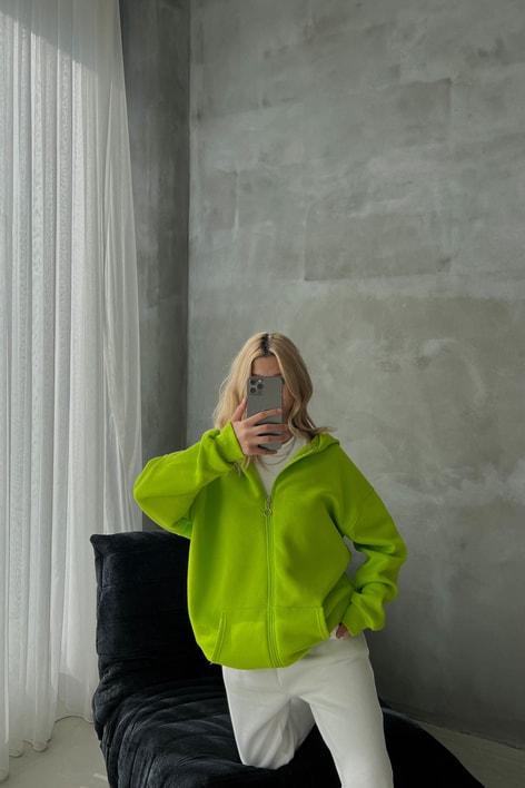 Oversize Kapüşonlu Hırka Neon Yeşil