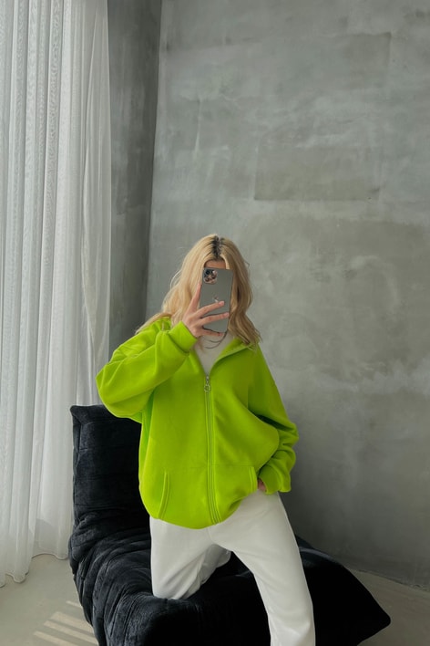 Oversize Kapüşonlu Hırka Neon Yeşil