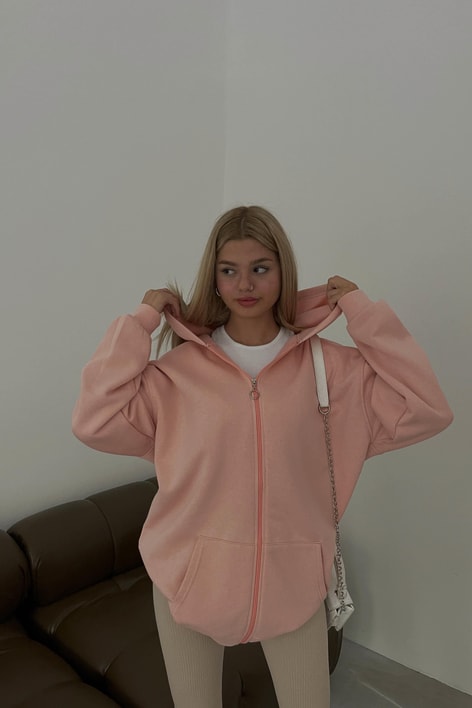 Oversize Kapüşonlu Hırka Pembe
