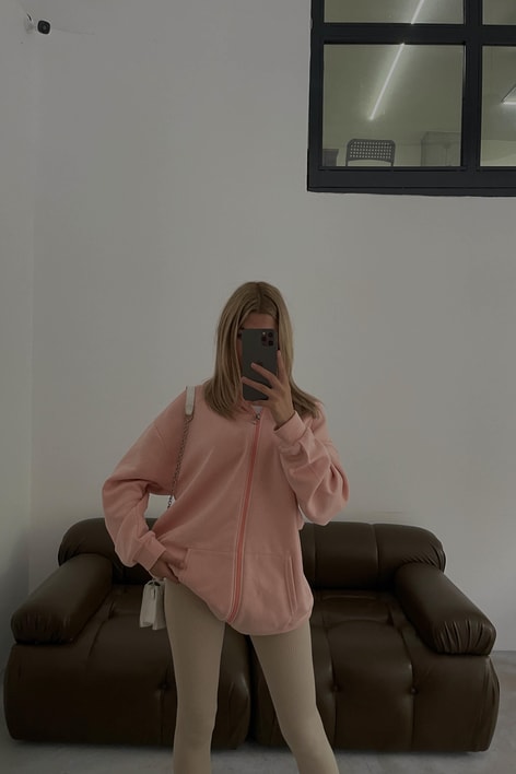 Oversize Kapüşonlu Hırka Pembe
