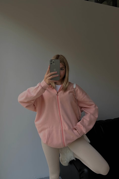 Oversize Kapüşonlu Hırka Pembe