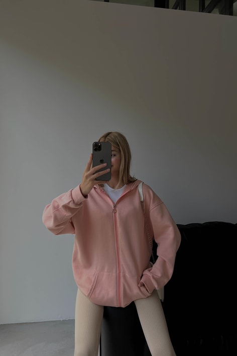 Oversize Kapüşonlu Hırka Pembe