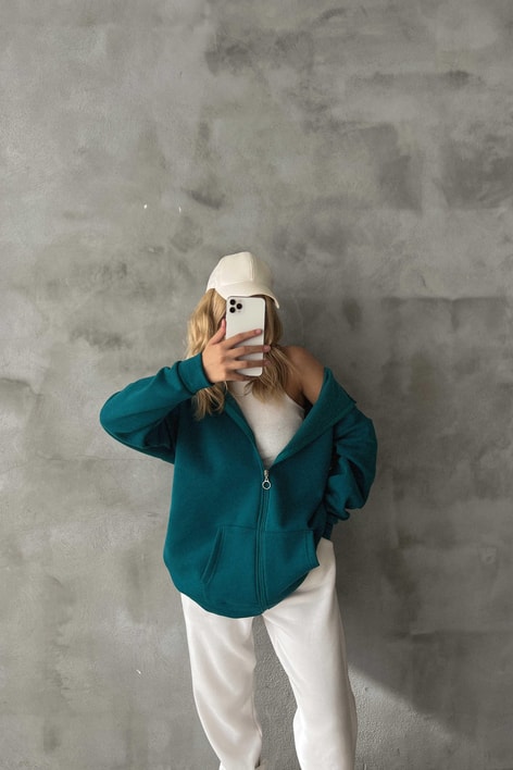 Oversize Kapüşonlu Hırka Petrol Mavisi