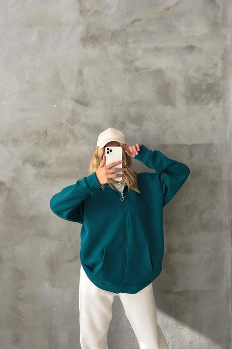 Oversize Kapüşonlu Hırka Petrol Mavisi