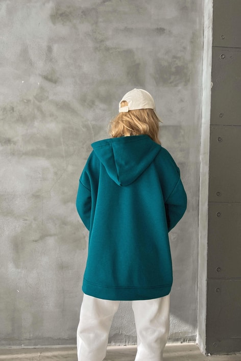 Oversize Kapüşonlu Hırka Petrol Mavisi
