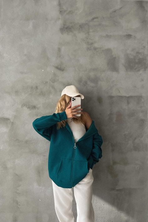 Oversize Kapüşonlu Hırka Petrol Mavisi