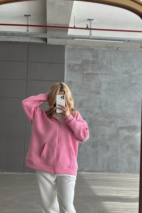 Oversize Kapüşonlu Hırka Şeker Pembe