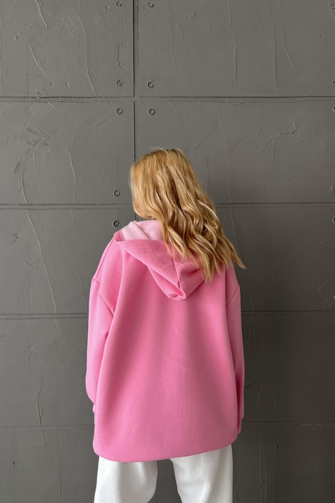 Oversize Kapüşonlu Hırka Şeker Pembe