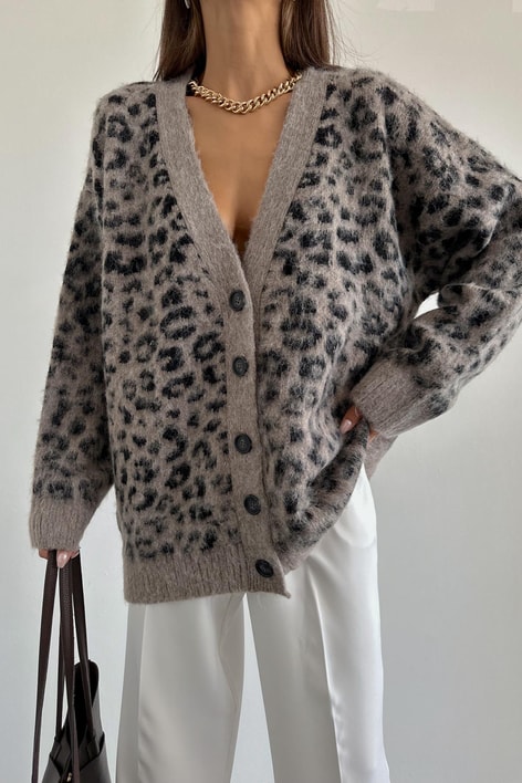 Şardonlu Leopar Hırka Vizon