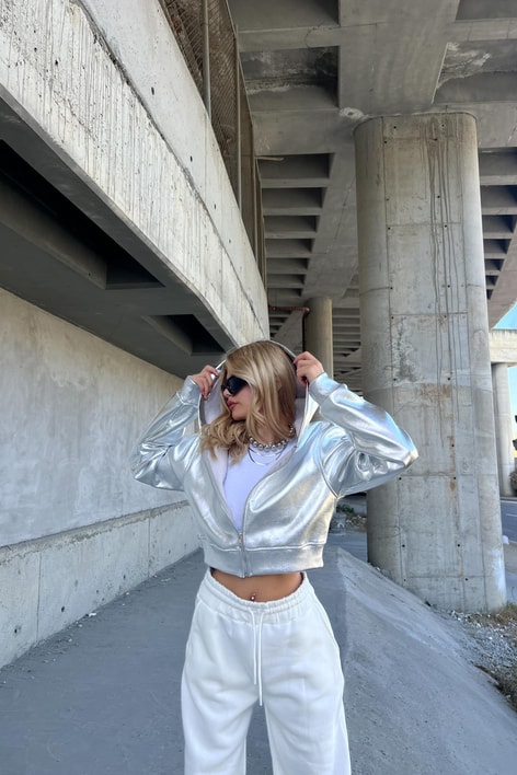 Silver Sportif Kapüşonlu Hırka Gümüş