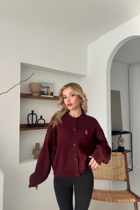Teddy Nakış Hırka Bordo