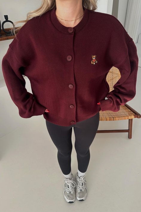 Teddy Nakış Hırka Bordo