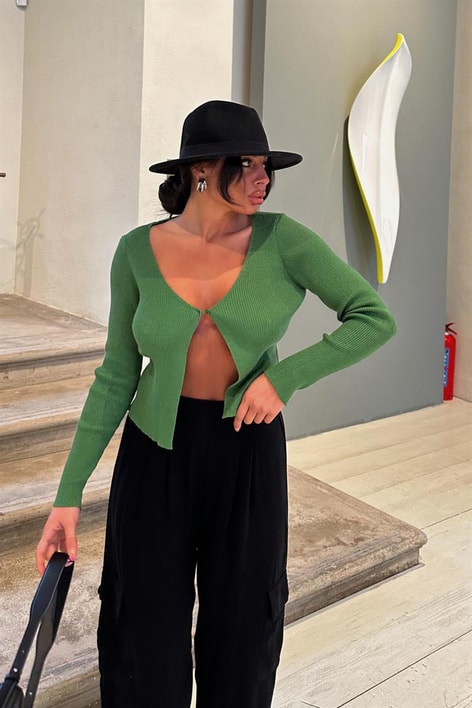 Tek Düğme Fitilli Triko Hırka Haki