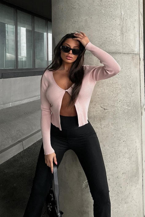 Tek Düğme Fitilli Triko Hırka Pudra