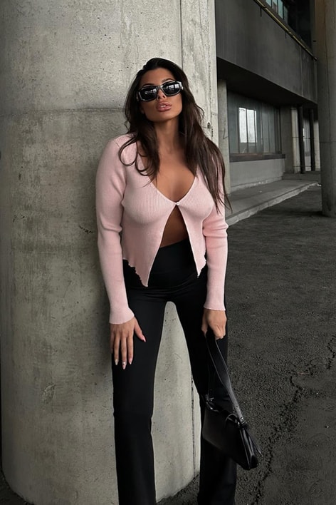 Tek Düğme Fitilli Triko Hırka Pudra