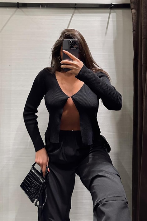 Tek Düğme Fitilli Triko Hırka Siyah