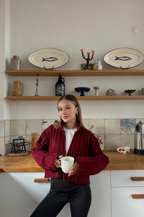 Triko Şeritli Hırka Bordo