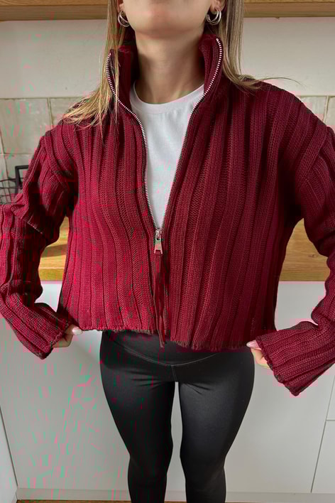 Triko Şeritli Hırka Bordo