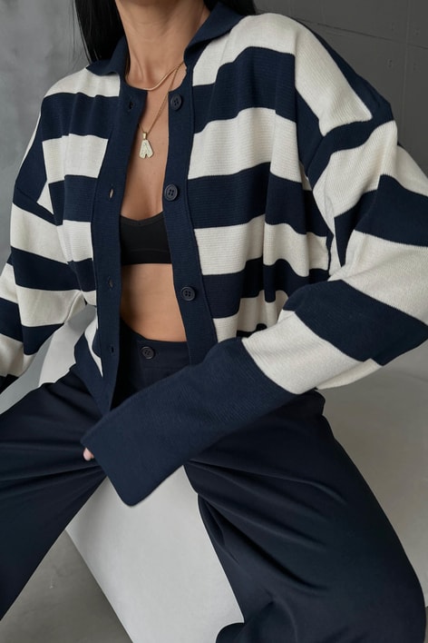 Yarasa Kol Çizgili Hırka Lacivert