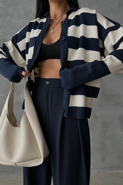 Yarasa Kol Çizgili Hırka Lacivert