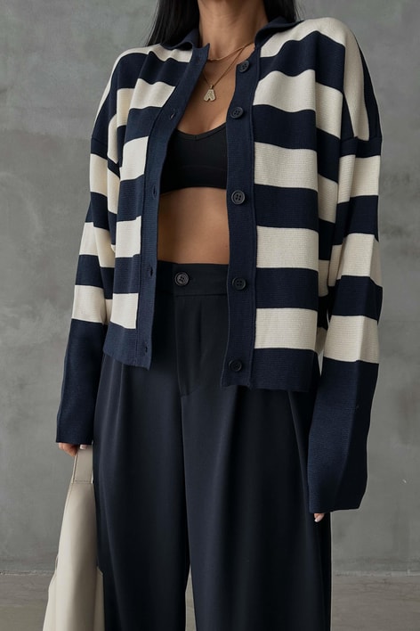 Yarasa Kol Çizgili Hırka Lacivert