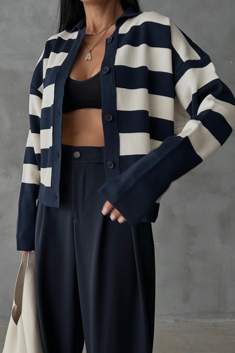 Yarasa Kol Çizgili Hırka Lacivert