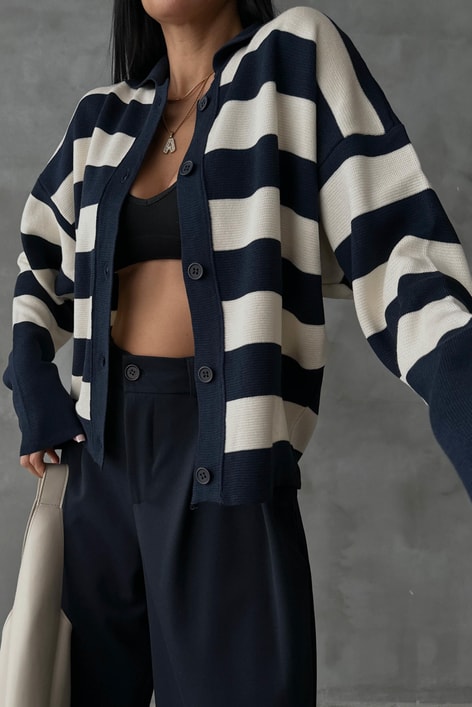 Yarasa Kol Çizgili Hırka Lacivert