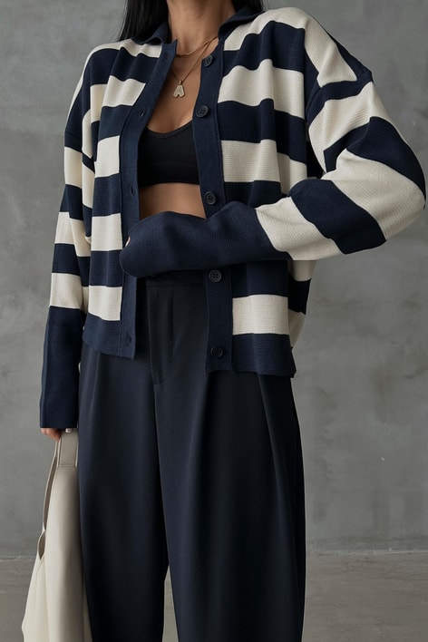 Yarasa Kol Çizgili Hırka Lacivert