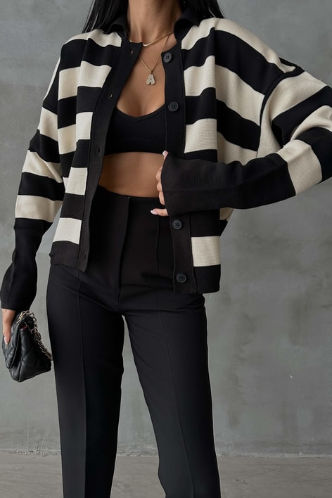 Yarasa Kol Çizgili Hırka Siyah