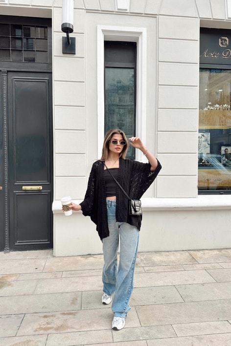 Yarasa Kol Örgü Hırka Siyah