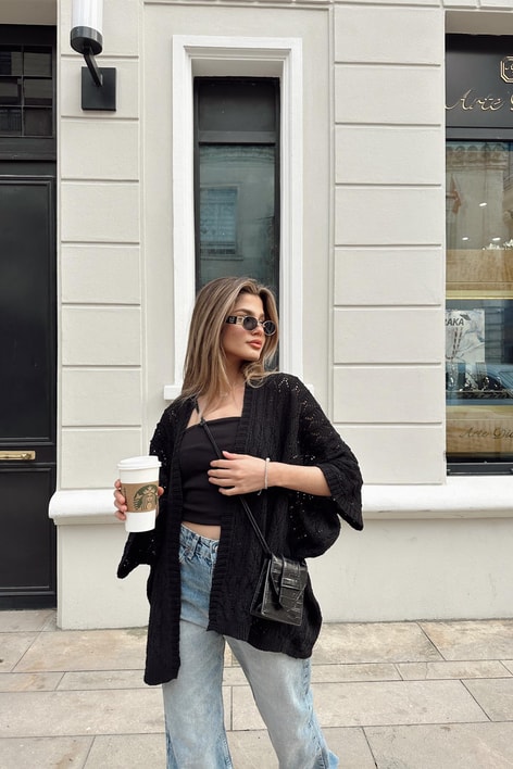 Yarasa Kol Örgü Hırka Siyah