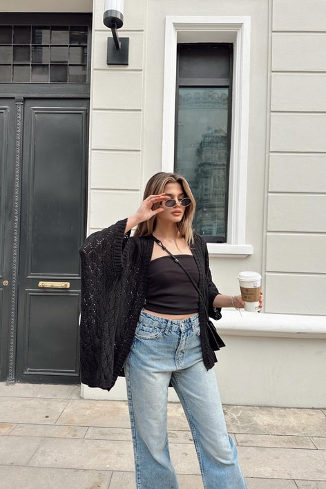 Yarasa Kol Örgü Hırka Siyah