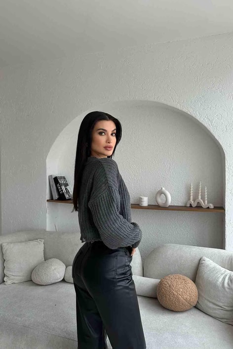 Yırtık Detay Triko Hırka Antrasit