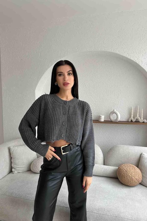 Yırtık Detay Triko Hırka Antrasit