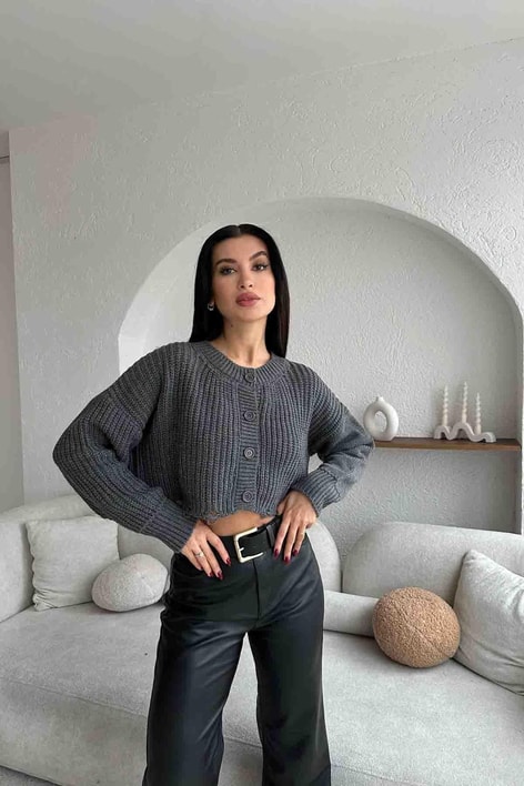 Yırtık Detay Triko Hırka Antrasit