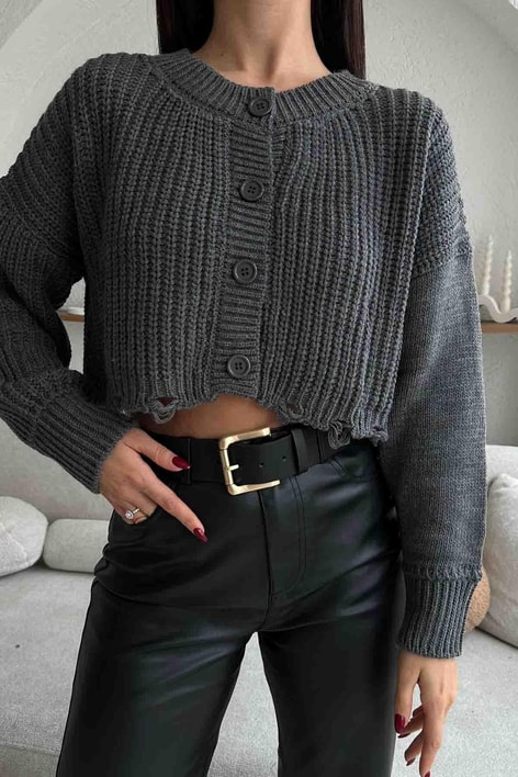 Yırtık Detay Triko Hırka Antrasit