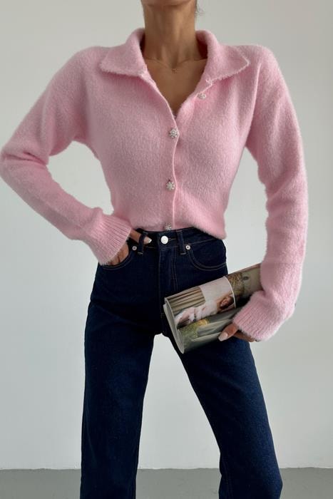 Yumoş Polo Yaka Hırka Pembe