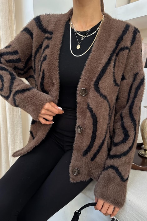 Zebra Desen Peluş Hırka Kahverengi